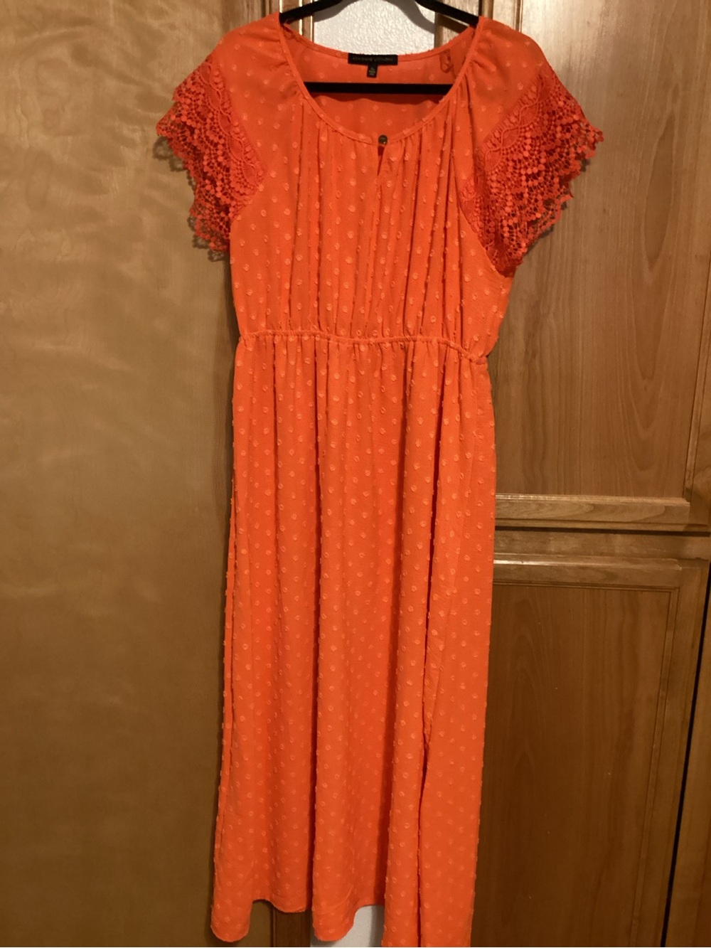Adrienne Vittadini Orange Maxi Dress with clip dot and Lace Flutter Sleeves, XL